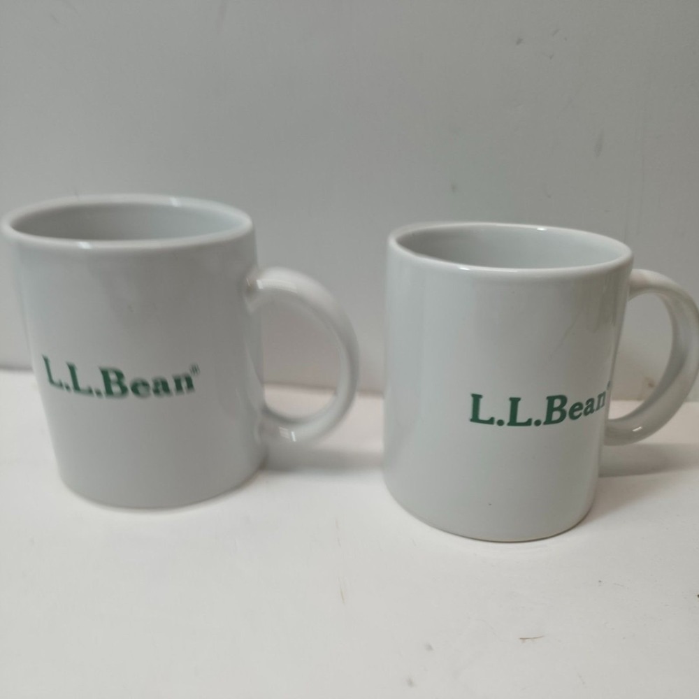 Pair of L.L. Bean Tall Coffee Mug Diner Restaurant Style Cup 4" Retro Green Logo